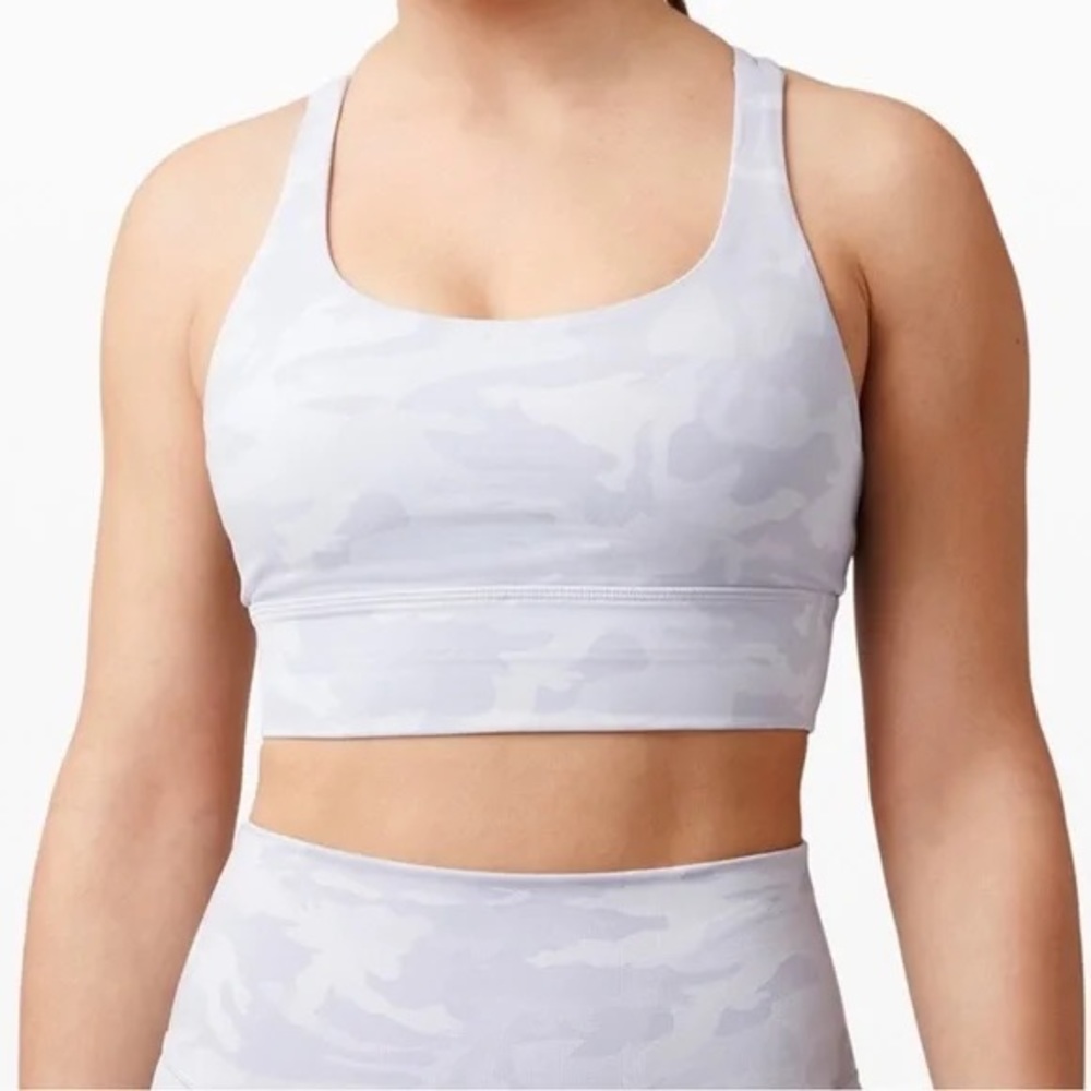 LULULEMON Energy Bra Longline Incognito Camo Jacquard Alpine White size 4